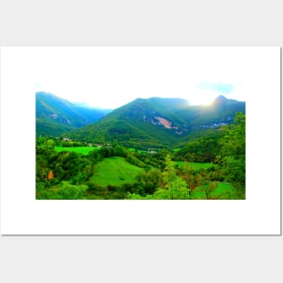 View from Sarnano at the Sibillini Mountains, hills, cattle, buildings Posters and Art